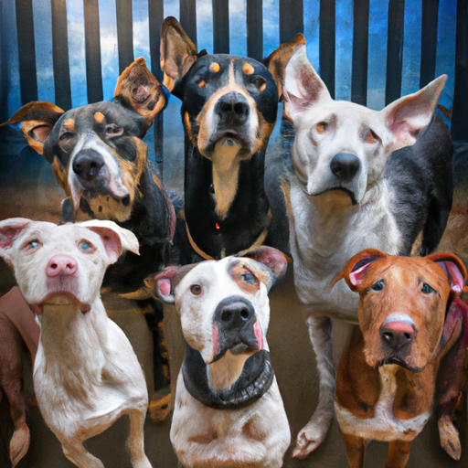 קבוצה של גזעי כלבים שונים מחכים בקוצר רוח לבתיהם הנצחיים במקלט.
