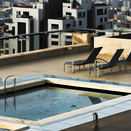 מרפסת גג מהממת הכוללת בריכה, אזור טרקלין ונוף עוצר נשימה של תל אביב.